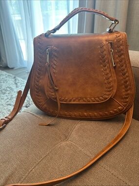 Urban Expressions Tan Braided-Trim Saddle Crossbody Bag